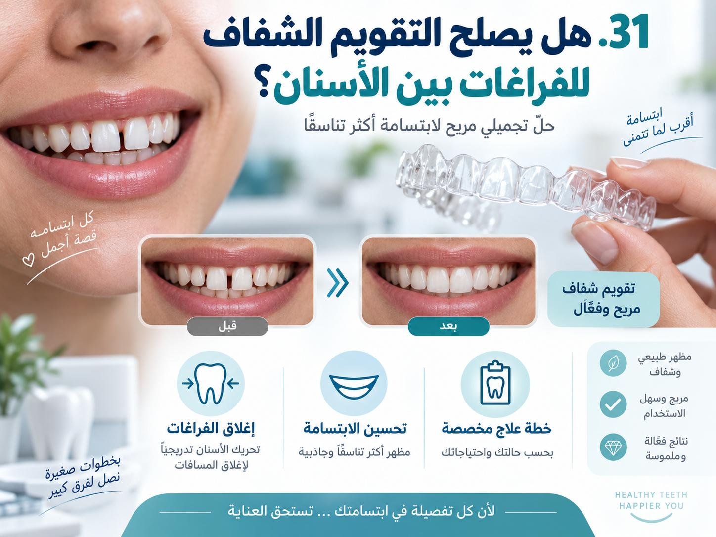 هل يصلح التقويم الشفاف للفراغات بين الأسنان؟