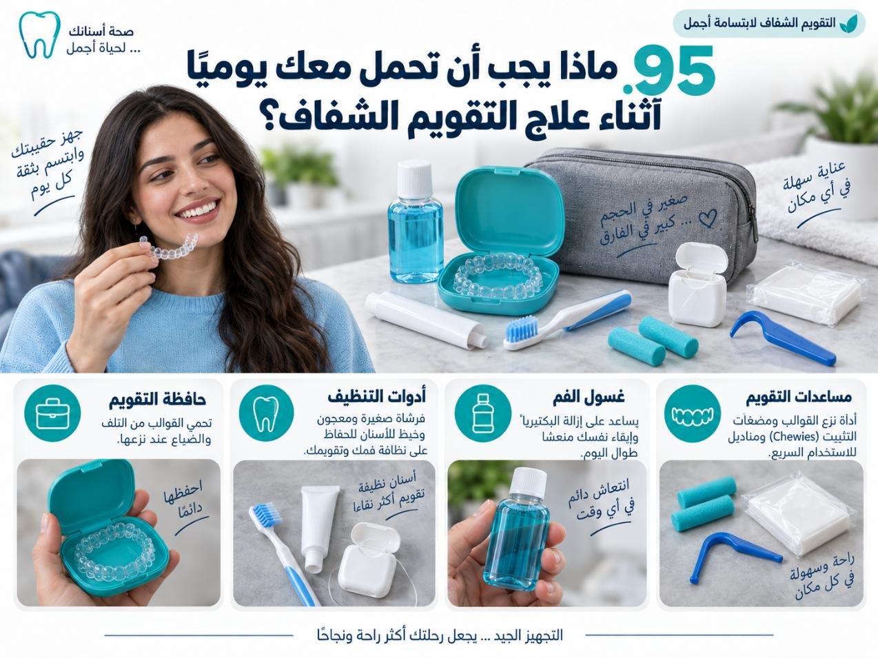 ماذا يجب أن تحمل معك يوميًا أثناء علاج التقويم الشفاف؟