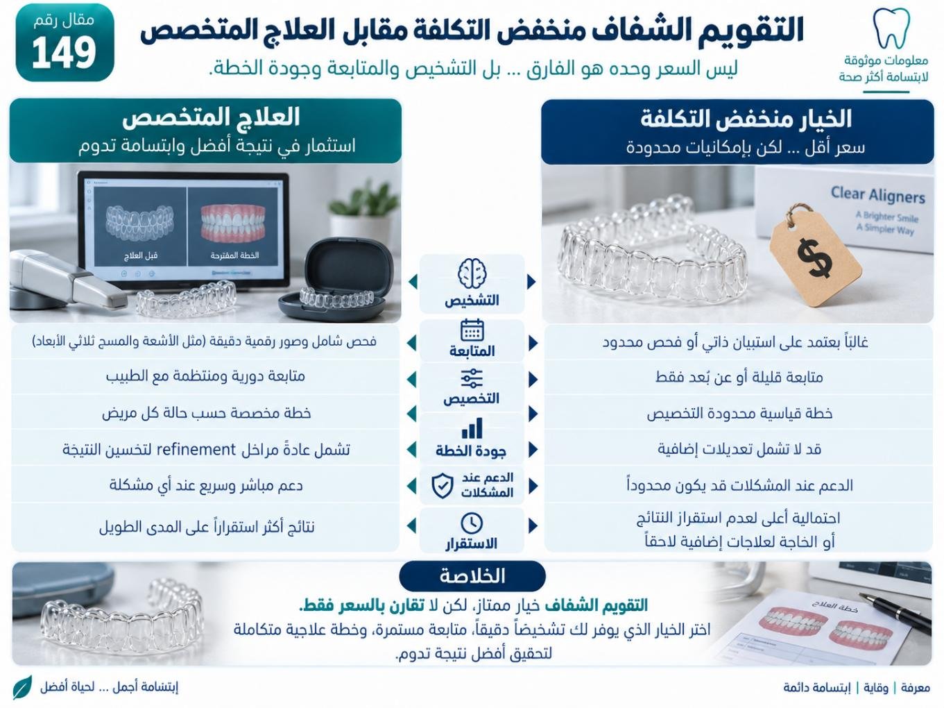 التقويم الشفاف منخفض التكلفة مقابل العلاج المتخصص