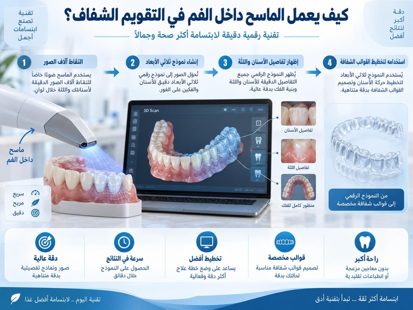 كيف يعمل الماسح داخل الفم في التقويم الشفاف؟