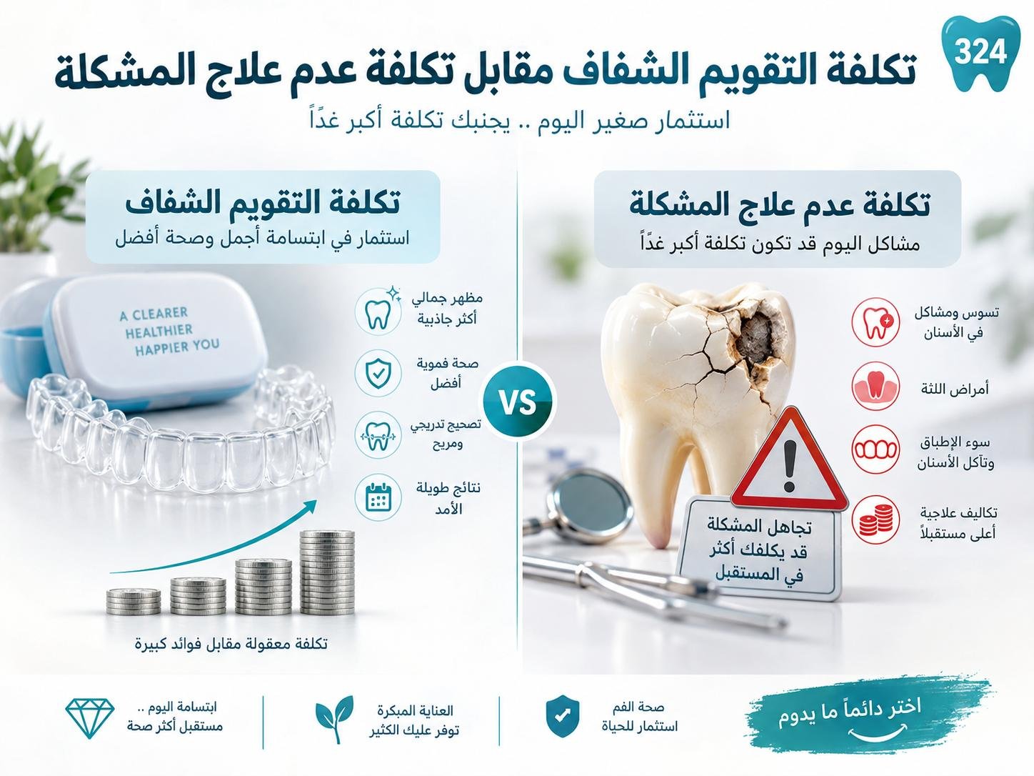 تكلفة التقويم الشفاف مقابل تكلفة عدم علاج المشكلة