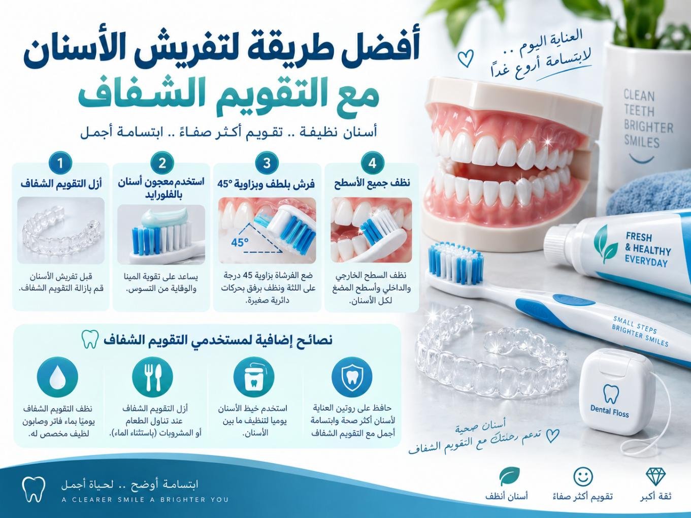 أفضل طريقة لتفريش الأسنان مع التقويم الشفاف