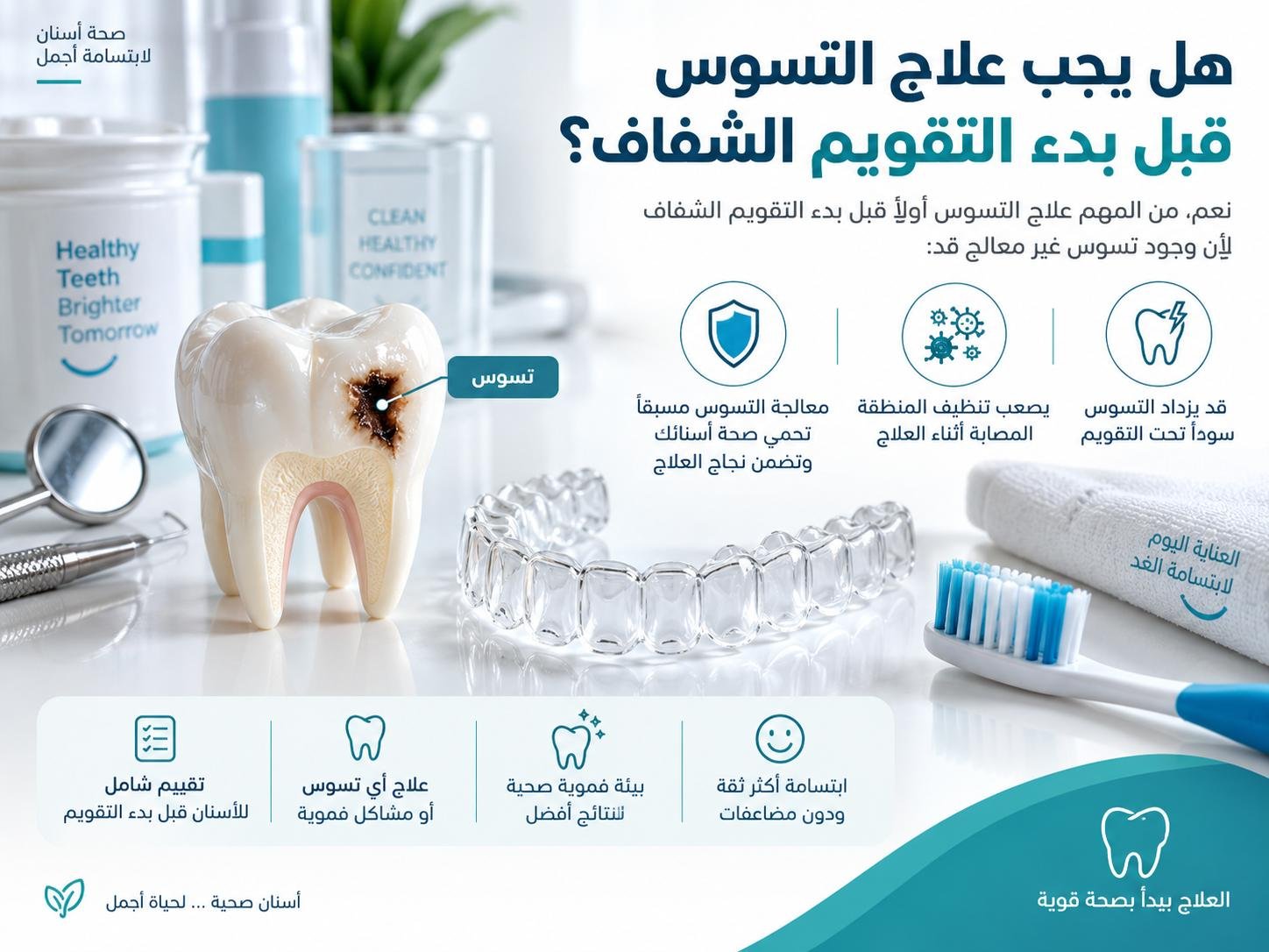 هل يجب علاج التسوس قبل بدء التقويم الشفاف؟